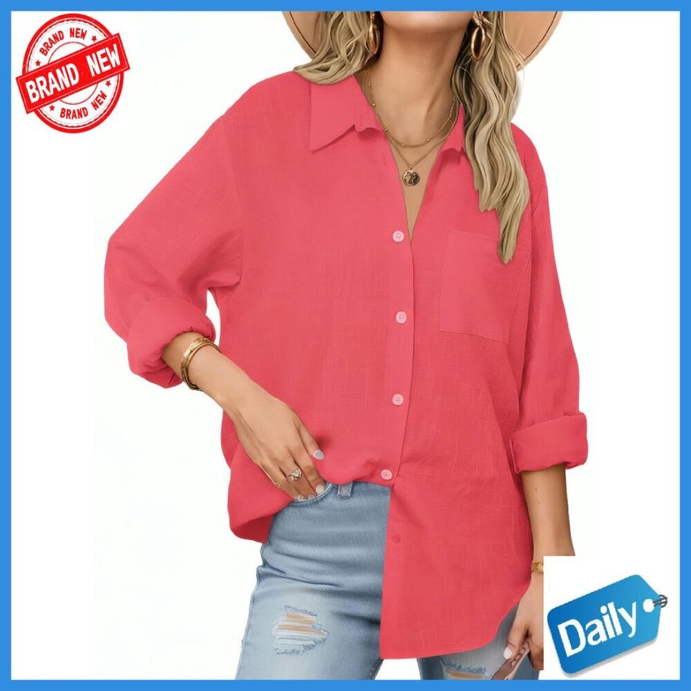 Oversized Button Down Shirt Wrinkle Free Long Sleeve Blouse with Pockets - Picture 1 of 7